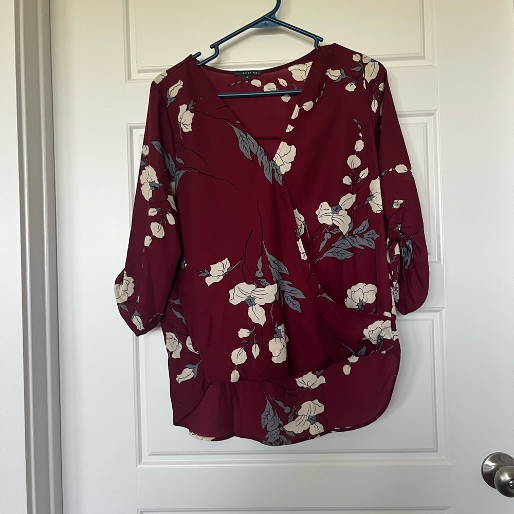 West Kei Red Wrap Blouse with 3/4 Sleeves
